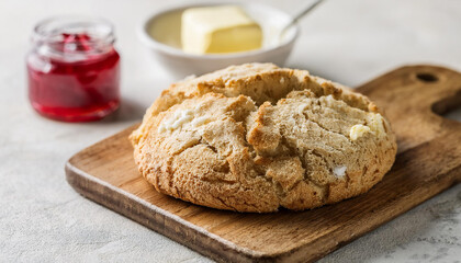 Irish soda bread, crusty loaf, berry jam and butter on wooden board. Tasty food. Delicious dessert