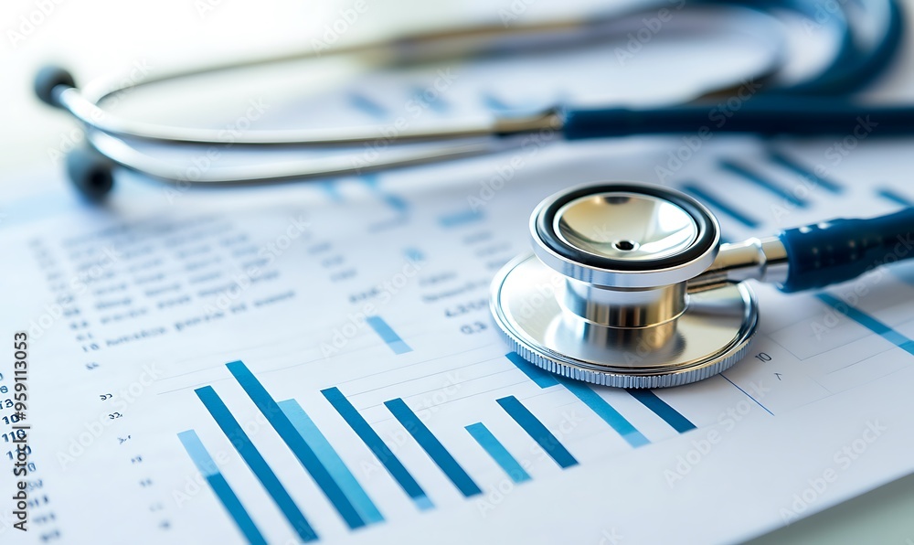 Poster stethoscope on a bar graph with financial data