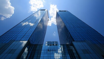 Fototapeta premium Two Tall Glass Buildings Against a Blue Sky