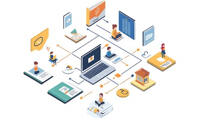 Isometric Illustration of People Interacting with Digital Devices and Data Flows
