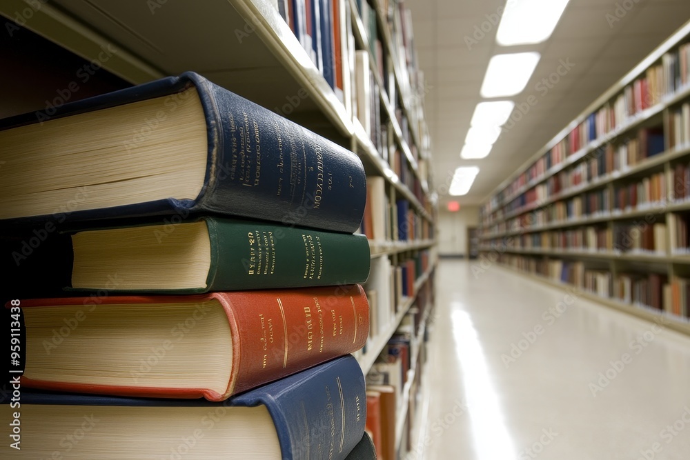 Poster a well-organized library with rows of books on shelves, creating a sense of order, knowledge, and th