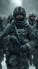 Naklejka premium A soldier in full combat gear with a rifle walks through a snowy forest.