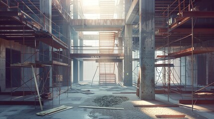 Fototapeta premium A construction site with steel beams and scaffolding.