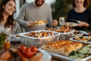 A happy small family gathering at dinner where disposable aluminum food containers are used for serving a variety of dishes. The scene highlights the convenience of using disposable containers.