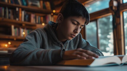 Thoughtful teenage boy in gray hoodie deeply engaged in reading a book at a cozy home library with fairy lights
