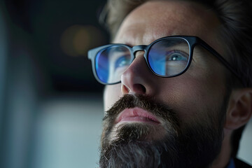 Portrait of a visionary entrepreneur in his workspace, with an expression of confidence and resolve that reflects his commitment to excellence and constant improvement.