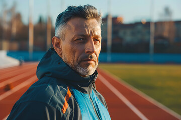 Portrait of a motivated sports coach on the training field, inspiring and guiding his athletes to success with passion and commitment.