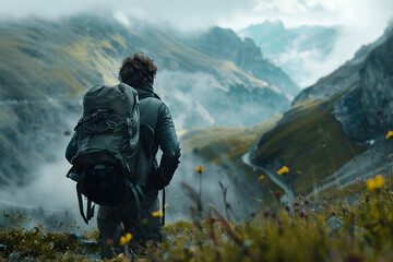 Portrait of a photographer inspired by nature, exploring the landscape with his camera in search of the perfect image that captures the beauty of the world. 