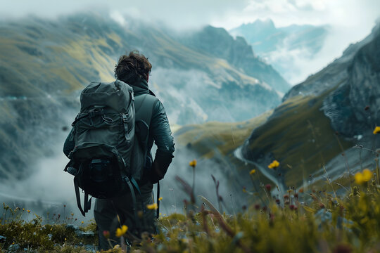Portrait of a photographer inspired by nature, exploring the landscape with his camera in search of the perfect image that captures the beauty of the world. 