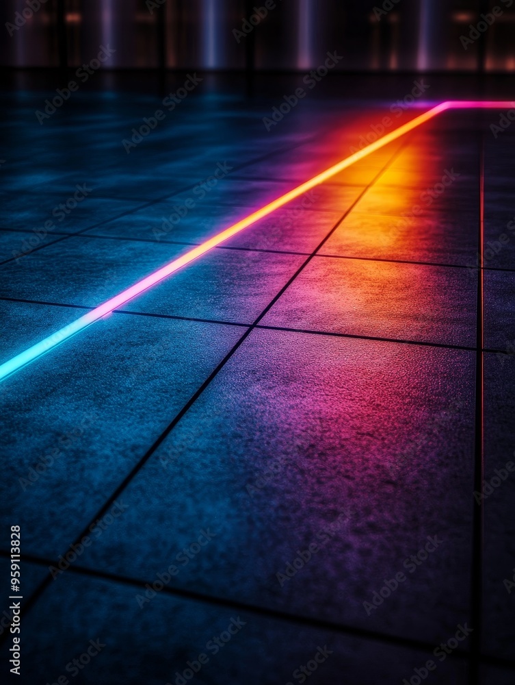 Poster abstract image of neon lights reflecting on a dark tiled floor, creating a vibrant and colorful scen