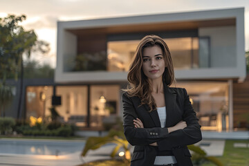 Portrait of a self-confident real estate agent in front of a sleek modern home, conveying confidence and professionalism, ready to advise prospective homebuyers.