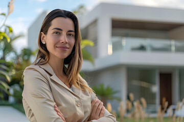 Portrait of a confident real estate agent in front of a modern residence, exuding professionalism and empathy while offering personalized advice to buyers. 