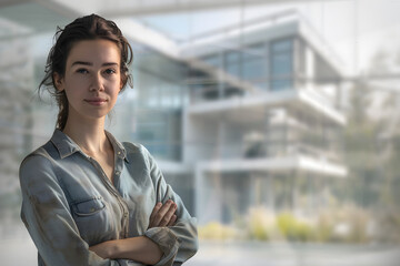 Portrait of an enthusiastic architect in front of an architectural design, showing her passion for the creation of innovative spaces. 