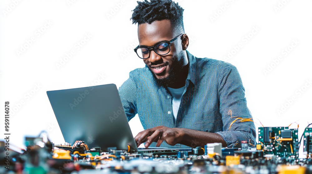 Poster an it specialist focused on his laptop, working intently. the background features a colorful array o