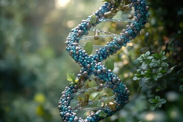 A stylized DNA strand intertwined with herbal elements, representing the fusion of natural remedies with the body’s genetic code.