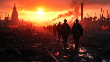 Fototapeta premium Silhouetted soldiers march through the debris of a destroyed city, the setting sun casting an apocalyptic glow on the scene. The image symbolizes loss, resilience, and the aftermath of war.