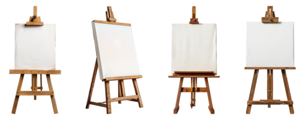 Easel and canvas isolated on transparent background, set of