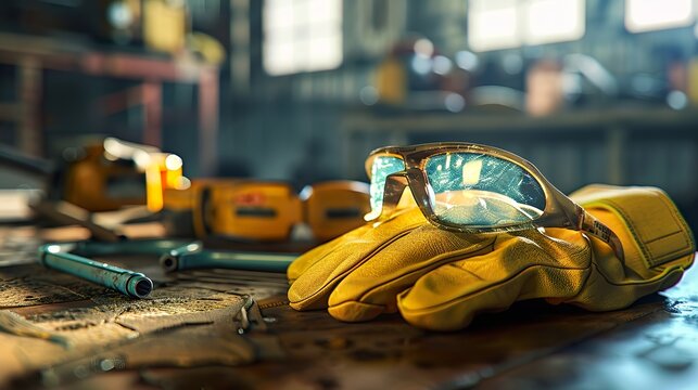 A construction worker's gloves and safety glasses on a table.