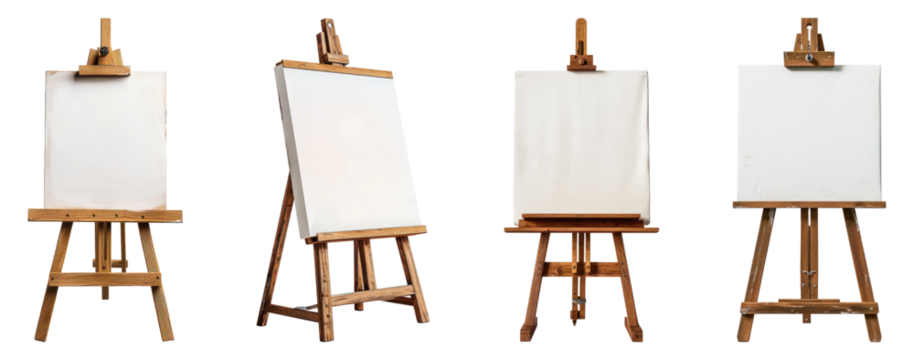Easel and canvas isolated on transparent background, set of