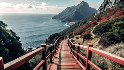 Fototapeta premium Wooden path leading from the mountain to the sea. With a beautiful view of the mountains.