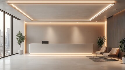 Modern reception area with stylish design, warm lighting, green plants, and comfortable seating, ideal for welcoming guests.