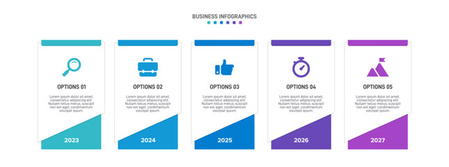 Horizontal progress bar featuring 5 arrow-shaped elements, symbolizing the five stages of business strategy and progression. Clean timeline infographic design template. Vector for presentation