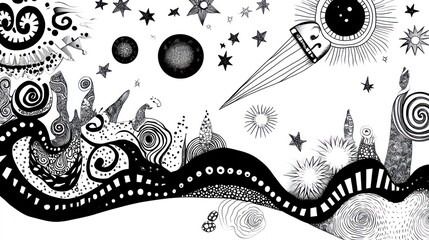 Abstract  Black and White  Drawing of  Sky, Stars and a  Comet