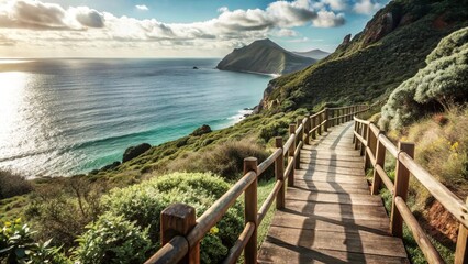Obraz premium Wooden path leading from the mountain to the sea. With a beautiful view of the mountains.
