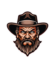 Editable vector illustration of a wanted poster with a cowboy outlaw in a hat and beard.