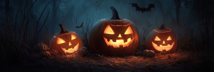 Three glowing jack-o-lanterns sit in a misty forest, their faces illuminated against the dark backdrop, creating a spooky and festive Halloween atmosphere. Bats fly overhead, adding to the eerie ambia