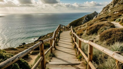 Fototapeta premium Wooden path leading from the mountain to the sea. With a beautiful view of the mountains.