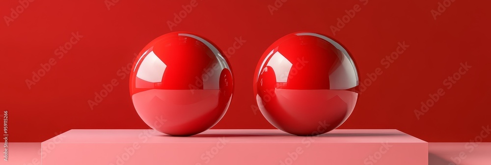 Poster two perfect red spheres, glossy and smooth, rest on a soft pink platform. the spheres symbolize unit