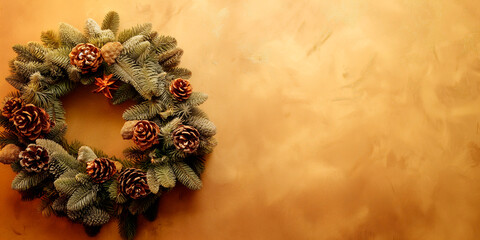 Christmas wreath with frosted pinecones and evergreen branches on a textured golden background, creating a warm and rustic holiday atmosphere