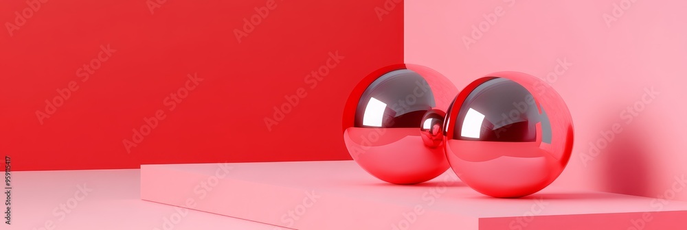 Poster two red spheres, shiny and glossy, rest on a platform with a pink background. they symbolize unity, 
