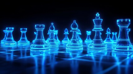 Chess pieces illuminated with bright, glowing futuristic blue neon lights against a black background. The 3D render illustrates chess game figurines, board games, and strategy games.