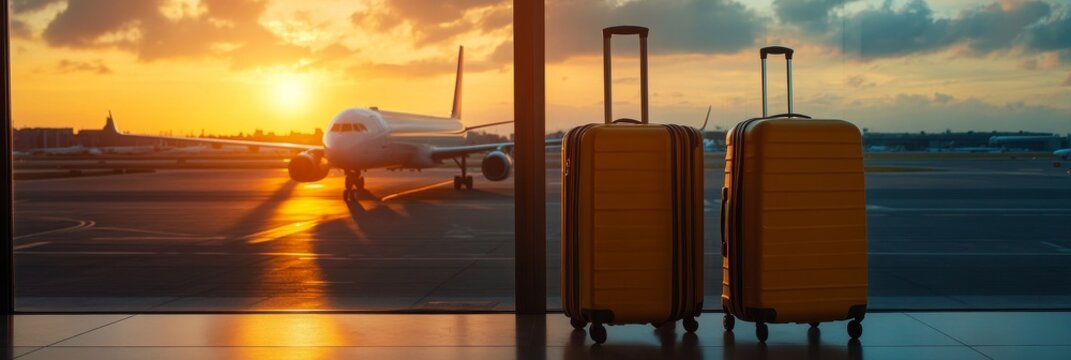 Two yellow suitcases stand in front of a large window overlooking an airport tarmac with a plane taking off at sunset. This image evokes feelings of travel, adventure, and excitement, symbolizing new 