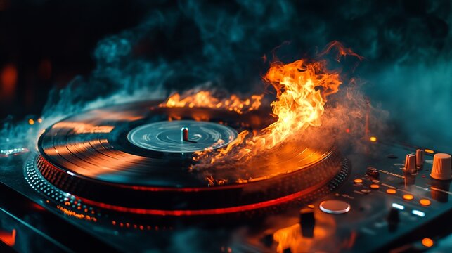 Music DJ concept featuring a trail of fire and smoke swirling around a vinyl record. The vinyl disk appears to be burning as it spins on a turntable, set against a dark background