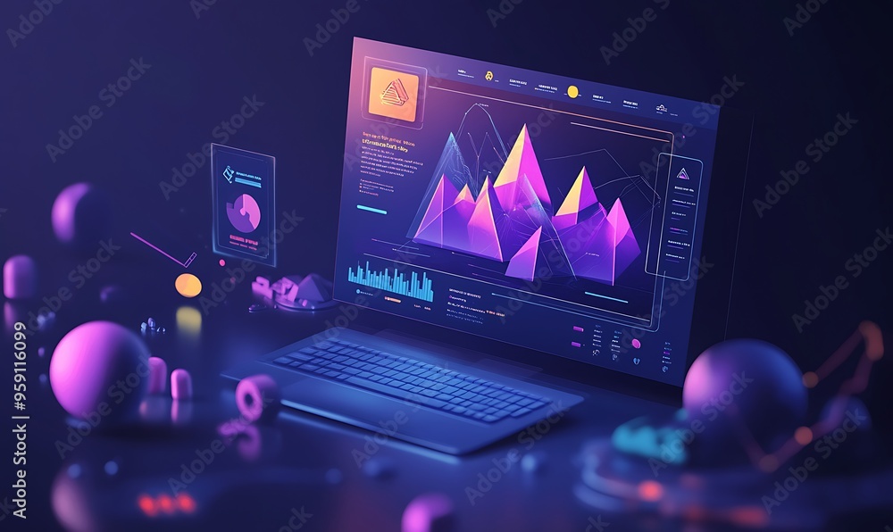 Poster laptop displaying charts, graphs, and geometric shapes in a neon color scheme