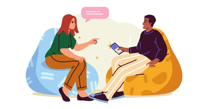 People with smartphone. Moving banner with happy friends talking to each other, showing video on phone and discussing news. Characters use digital device or gadget. Cartoon flat animated graphics