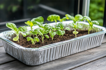 Disposable aluminum food container trays repurposed as seedling trays, filled with soil and young plants. The scene highlights their use in a garden or greenhouse, showcasing their practicality.