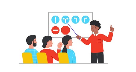 Education process in driving school. Moving banner with teacher explaining traffic rules and road signs to students. Characters receive drivers licenses. Cartoon flat animated graphics