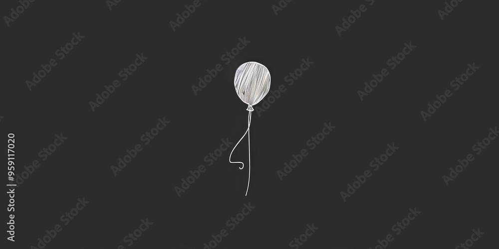 Poster a simple white line drawing on a black background of a balloon floating upwards. the minimalist desi