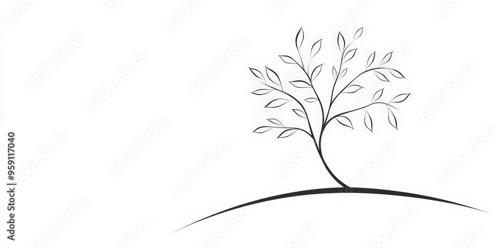 Poster a simple white line drawing of a tree with spreading branches and a few leaves. the minimalist lines