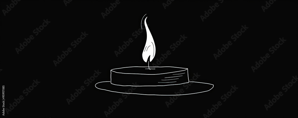 Poster a simple white line drawing on a black background of a candle with a small flame. the stark contrast