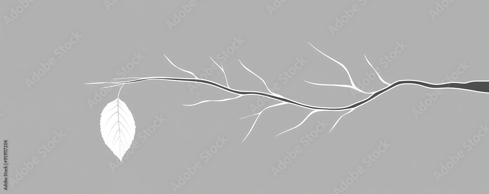 Poster a simple white line drawing of a tree branch with a single leaf hanging from it. the clean lines and