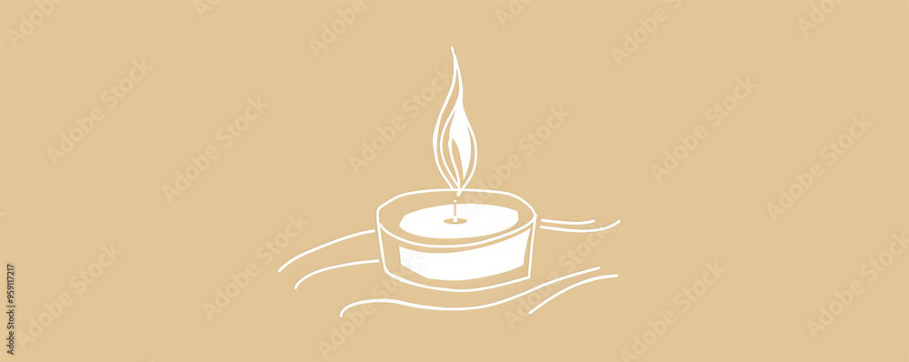 Poster a simple white line drawing on an ivory background of a candle with a small flame. the soft color em