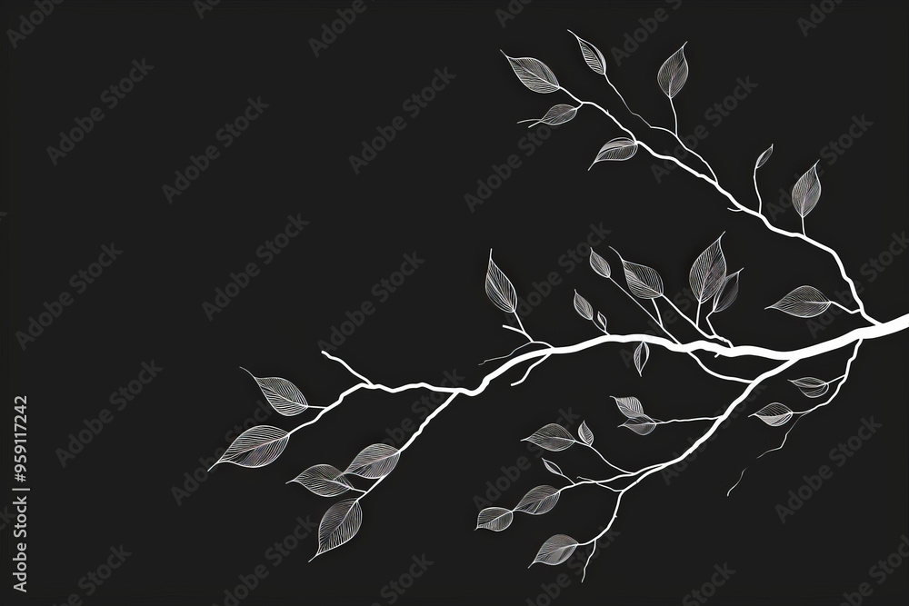 Poster a simple white line drawing on a black background of a tree branch with a few leaves. the design emp