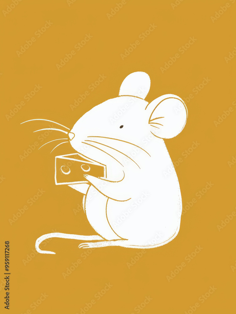 Poster a simple white line drawing of a mouse nibbling on cheese, set against a soft, buttery yellow backgr