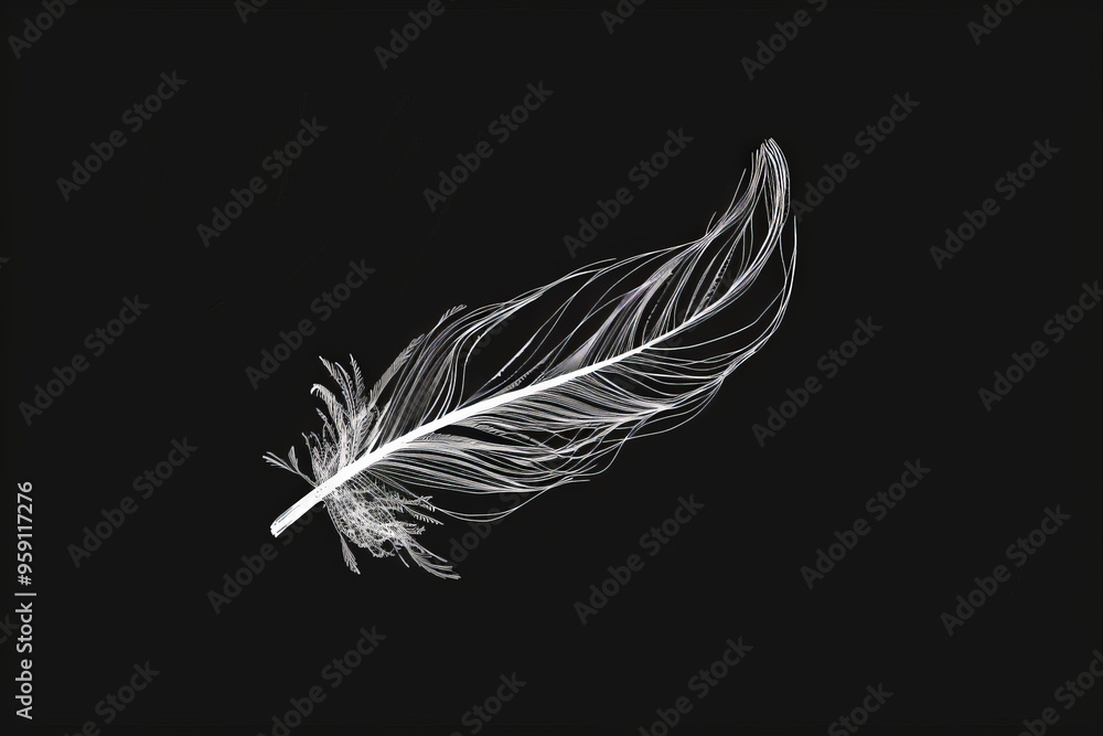 Poster a simple white line drawing on a black background of a delicate feather floating in the air. the con