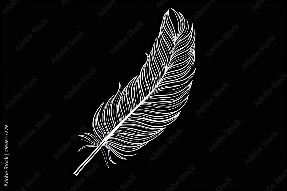 Poster a simple white line drawing on a black background of a delicate feather floating in the air. the con
